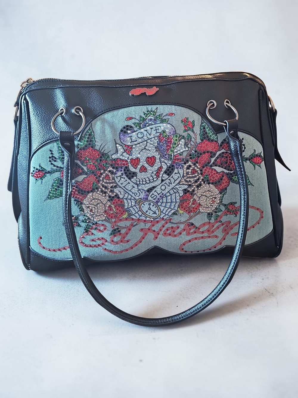 Ed Hardy Women's Black & Light Blue Embellished Satchel
